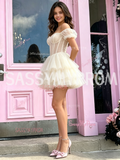White Puffy Sleeve Short Mini Tulle Homecoming Dress