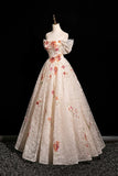 Champagne Floral Sequins A Line Off the Shoulder Prom Dress