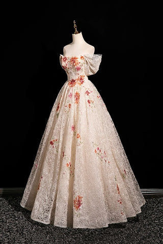 Champagne Floral Sequins A Line Off the Shoulder Prom Dress Sassymyprom Champagne Floral Sequins A Line Off the Shoulder Prom Dress Sassymyprom