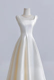 White Satin Tea Length A Line Square Prom Dress