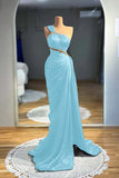 One Shoulder Satin Pleats Crystal Waist Brown Prom Dress