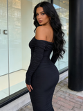 Maxi Long Sleeve Ruched Fitted Off The Shoulder Bodycon Dress