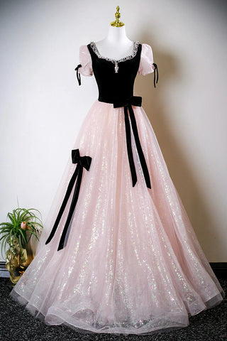 Tulle Beading Black Velvet A Line Pink Prom Dress