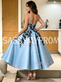 Halter Cut Out Appliques Light Blue Satin Homecoming Dress