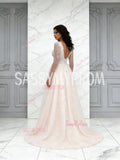 Champagne Tulle Long Sleeves V Neck Beading A Line Wedding Dress