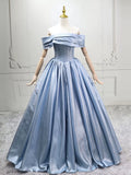 Off Shoulder Satin Blue A Line Elegant Prom Dres