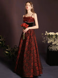 Rose Print A-Line Floor Length Burgundy Prom Dress