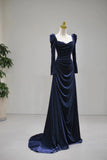Ruched Floor Length Long Sleeve Navy Velvet Prom Dress
