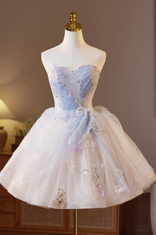 Tulle Short Floral Purple Sparkling Homecoming Dress
