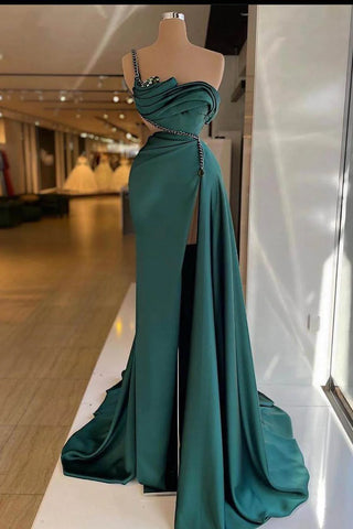 Emerald Green Beading Satin One Shoulder Mermaid Prom Dress