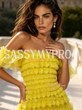 Off Shoulder Yellow Ruffled A Line Prom Dress