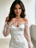 White Off The Shoulder Beading White Satin Homecoming Dress