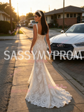 Trumpet Mermaid White Lace Sweep Train Straps Wedding Dress
