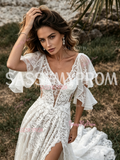 Off The Shoulder A Line Lace Short Sleeve Tulle Wedding Dress