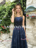 Navy Blue Jewel Tulle Sparkle A Line Prom Dress