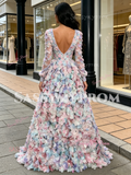 Long Sleeve V Neck Purple Flower A Line Prom Dress