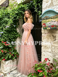 Pink Off The Shoulder Floral A Line Prom Dress
