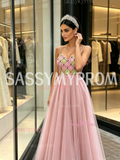 Pearls Tulle A Line Pink Spaghetti Straps Prom Dress
