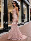 Pink Trumpet Mermaid Sweetheart Beading Lace Prom Dress