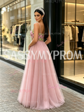 Pearls Tulle A Line Pink Spaghetti Straps Prom Dress