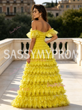 Off Shoulder Yellow Ruffled A Line Prom Dress