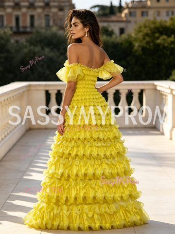 Off Shoulder Yellow Ruffled A Line Prom Dress