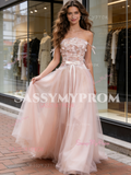 Lace Strapless Pink A Line Bow Tulle Wedding Dress