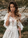 Off The Shoulder A Line Lace Short Sleeve Tulle Wedding Dress