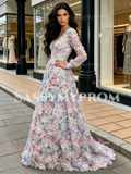 Long Sleeve V Neck Purple Flower A Line Prom Dress