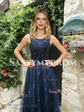 Navy Blue Jewel Tulle Sparkle A Line Prom Dress