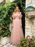 Pink Off The Shoulder Floral A Line Prom Dress