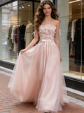 Lace Strapless Pink A Line Bow Tulle Wedding Dress