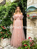 Pink Off The Shoulder Floral A Line Prom Dress