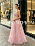 Pearls Tulle A Line Pink Spaghetti Straps Prom Dress
