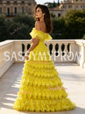 Off Shoulder Yellow Ruffled A Line Prom Dress
