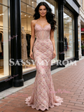 Pink Trumpet Mermaid Sweetheart Beading Lace Prom Dress