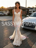 Trumpet Mermaid White Lace Sweep Train Straps Wedding Dress