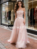 Lace Strapless Pink A Line Bow Tulle Wedding Dress