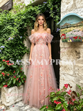 Pink Off The Shoulder Floral A Line Prom Dress