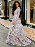 Long Sleeve V Neck Purple Flower A Line Prom Dress