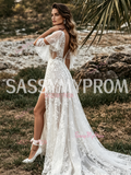 Off The Shoulder A Line Lace Short Sleeve Tulle Wedding Dress