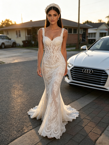 Trumpet Mermaid White Lace Sweep Train Straps Wedding Dress