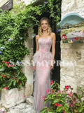 Pink Strapless Trumpet Mermaid Ruffles Beading Prom Dress