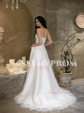 Satin Appliques Strapless A Line White Wedding Dress