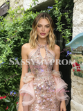 Halter Sequin Champagne Pink Mermaid Beading Ruffles Prom Dress