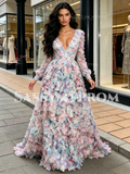 Long Sleeve V Neck Purple Flower A Line Prom Dress