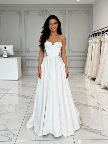 A Line Sweetheart Satin Sheer Sleeveless Wedding Dress