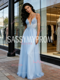 Light Blue V Neck Tulle Beading A Line Prom Dress