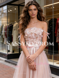 Lace Strapless Pink A Line Bow Tulle Wedding Dress