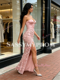 Pink Strapless Satin Flowers Sheath Column Prom Dress With Slit